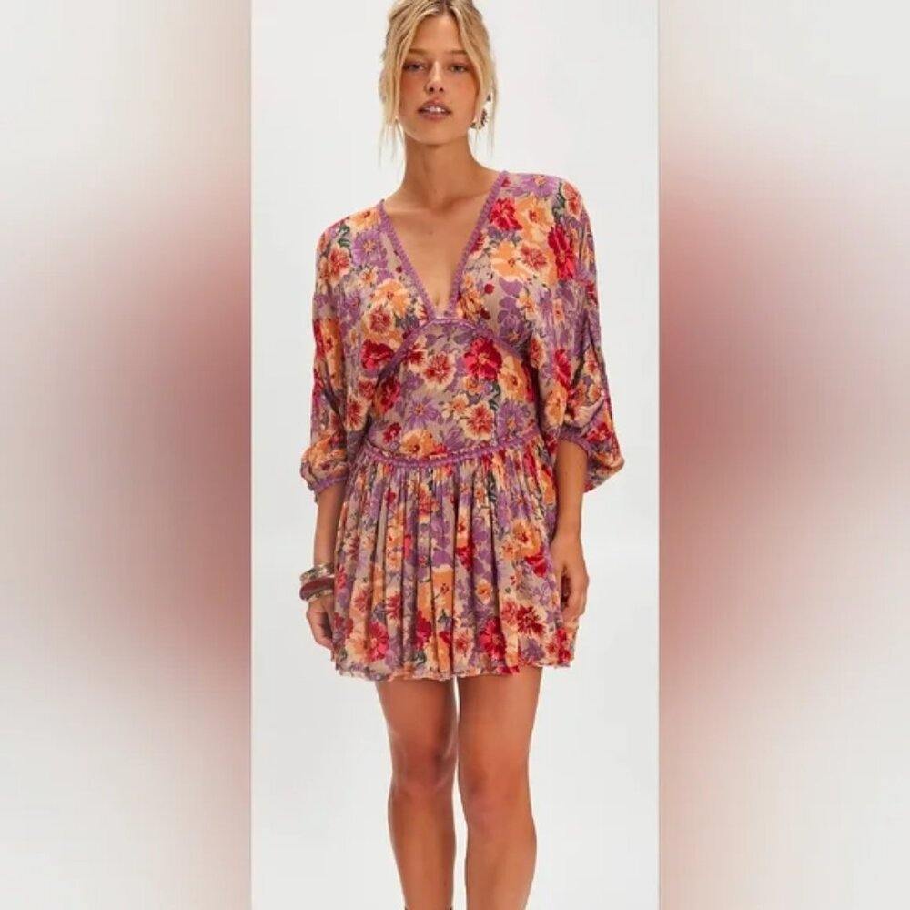Free People Sweet Dreams Mini Dress Deep V Babydoll Boho Swing Floral Lace M - Picture 7 of 9